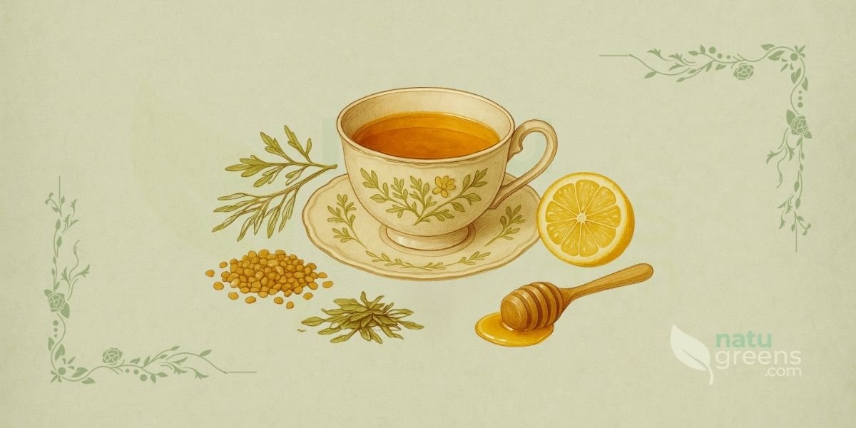 Ilustração botânica em estilo do século XIX mostrando cena de preparo de chá de Trigonella foenum-graecum (feno-grego), apresentando uma delicada chávena de porcelana com chá de feno-grego de cor âmbar, rodeada por sementes secas de feno-grego, algumas folhas secas de feno-grego, uma rodela de limão e uma pequena colher de madeira com um fio de mel, tudo arranjado harmoniosamente sobre fundo de papel de herbário envelhecido com tonalidade verde-sálvia sutil.